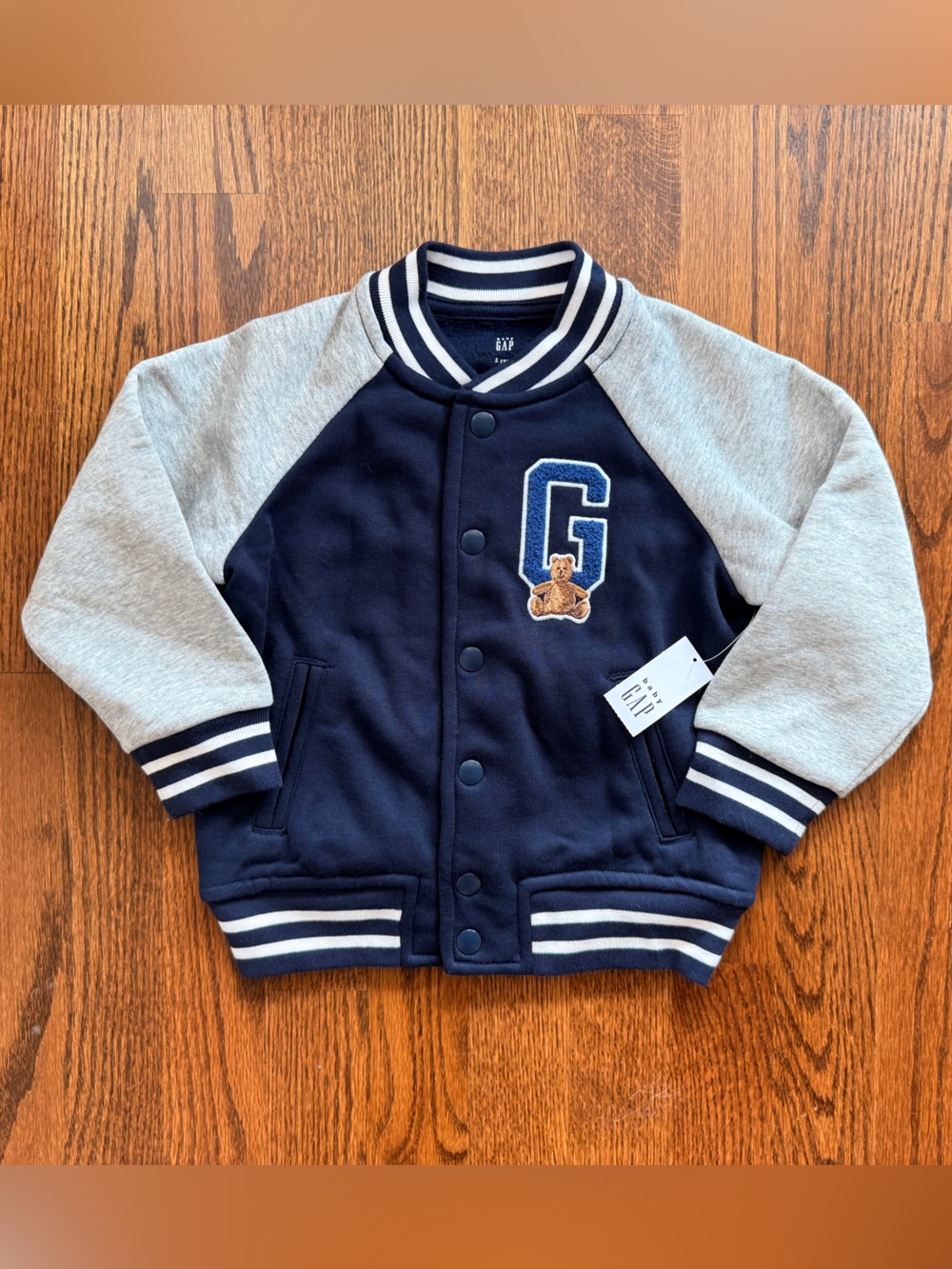 NWT GAP Navy and Gray Kids Varsity Jacket with Bear Patch